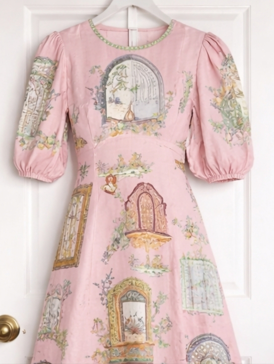 Alemais Monte Linen Midi Dress Pink Printed Flax Puff Sleeve Resort XXL - Picture 5 of 11